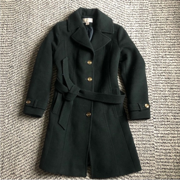 Michael Kors Wool Coat Tie-Waist, Dark Green, Gold Accents large.  Warm, elegant - Picture 1 of 6